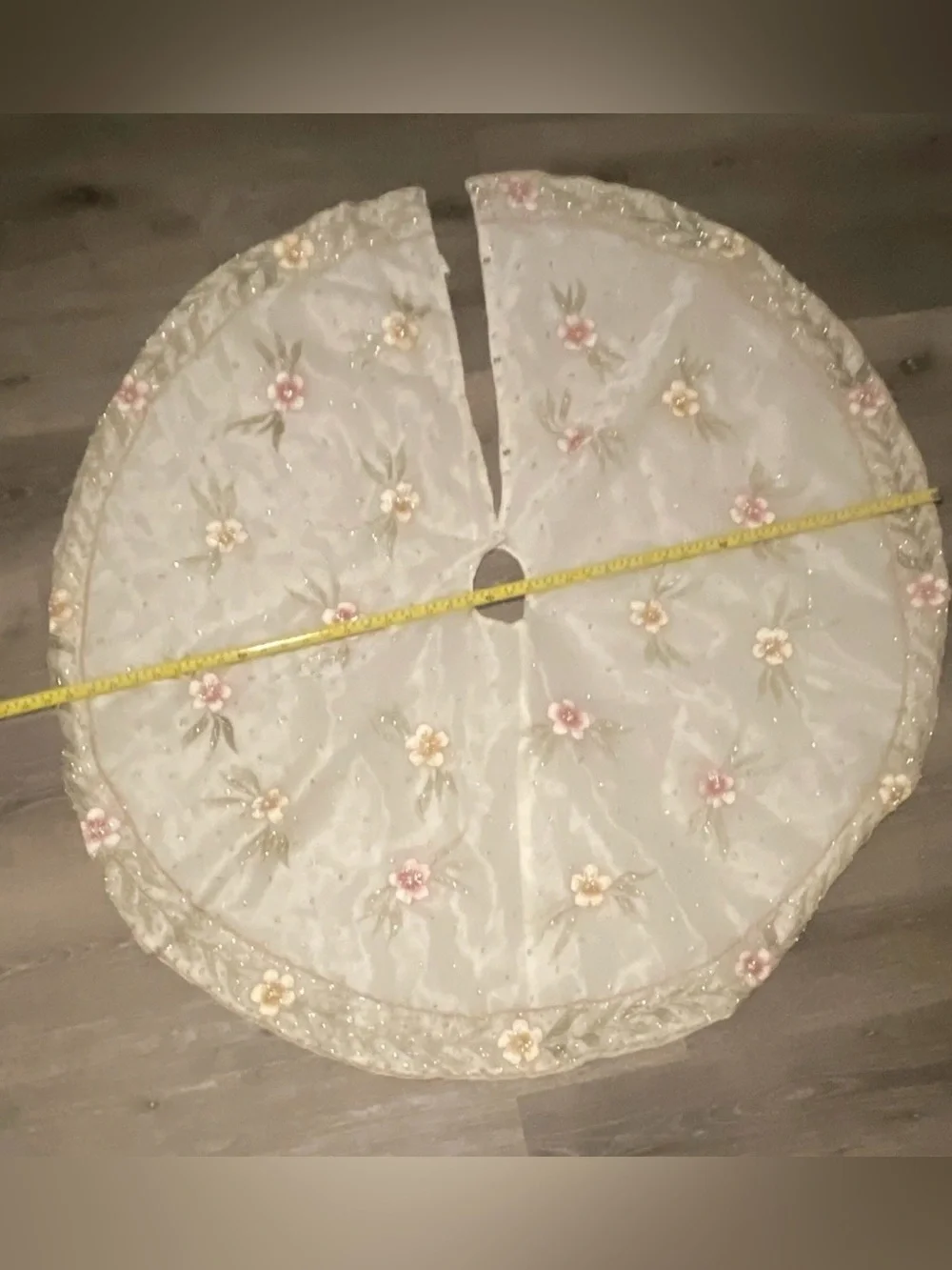 Floral Embroidered Tree Skirt in Ivory, Pink, and Green
